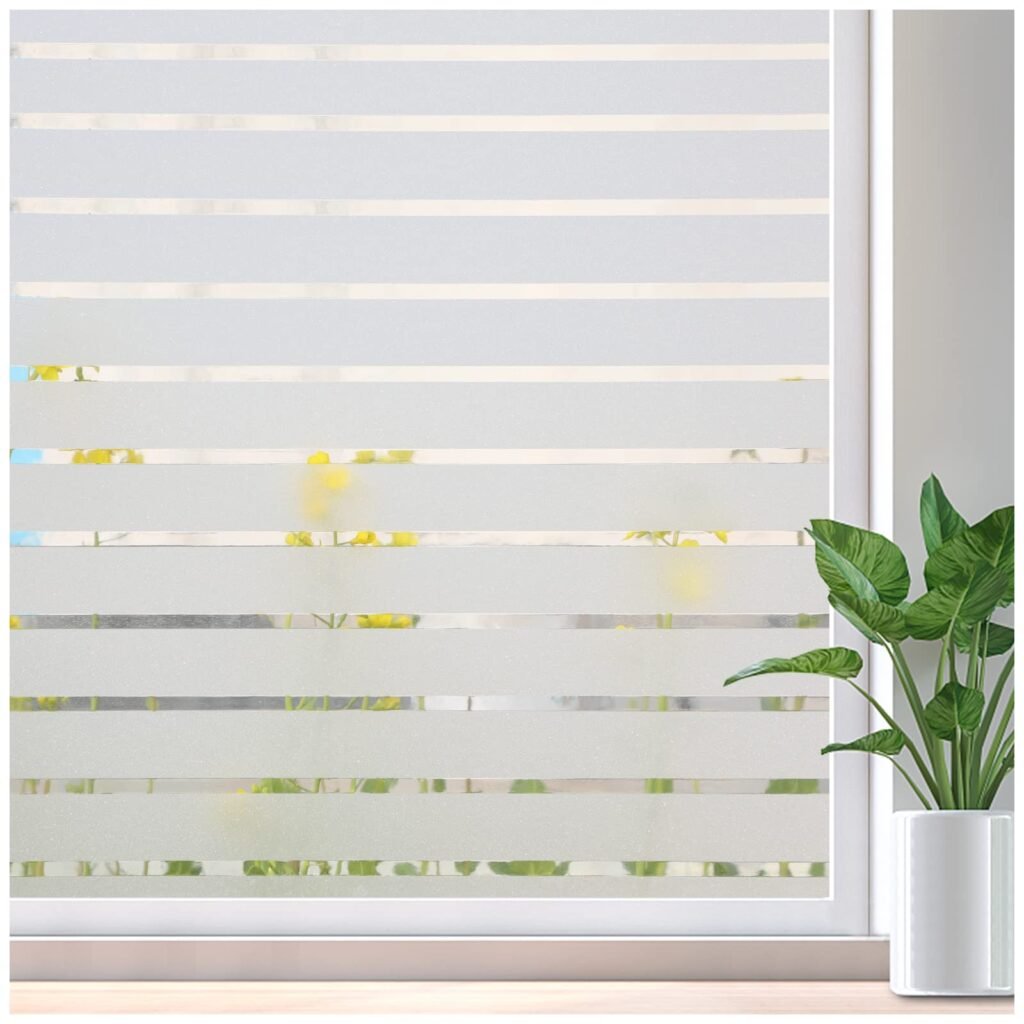 Lifetree Window Film Privacy for Glass Windows Frosted Static Cling Stripe Patterns Priavcy No Glue Heat Reflective Sticker Home Office (Frosted, 44.5 * 200cm)