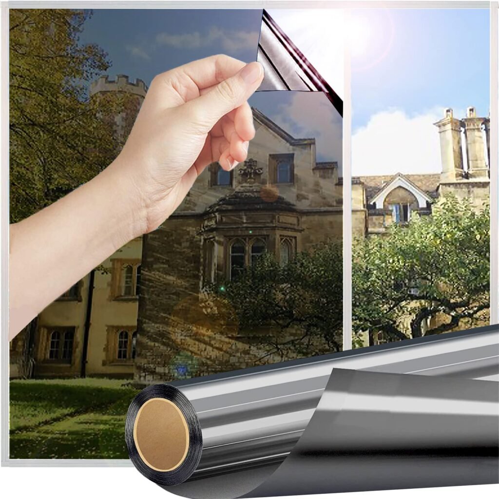 Linarun Reflective Window Film Privacy One Way Window Film UV Mirror Tint Window Film Anti Glare Static One Way Privacy Film for Glass Windows Sun Blocker Heat Reducing, Black Silver 30x200 30x200cm(11.8x78.7inch) Black Sliver