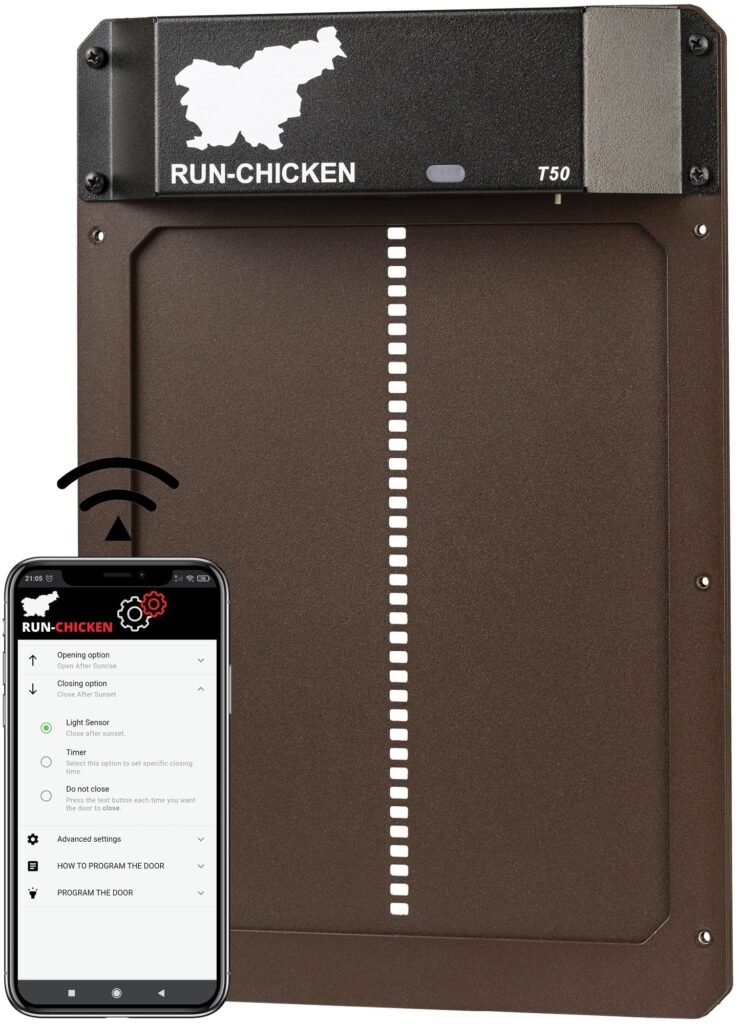 RUN-CHICKEN Door (Brown) Automatic Chicken Coop Door, Programmable with App, Battery Operated, Evening and Morning Delay, Aluminum Door, Electric Chicken Run Door, Model T50