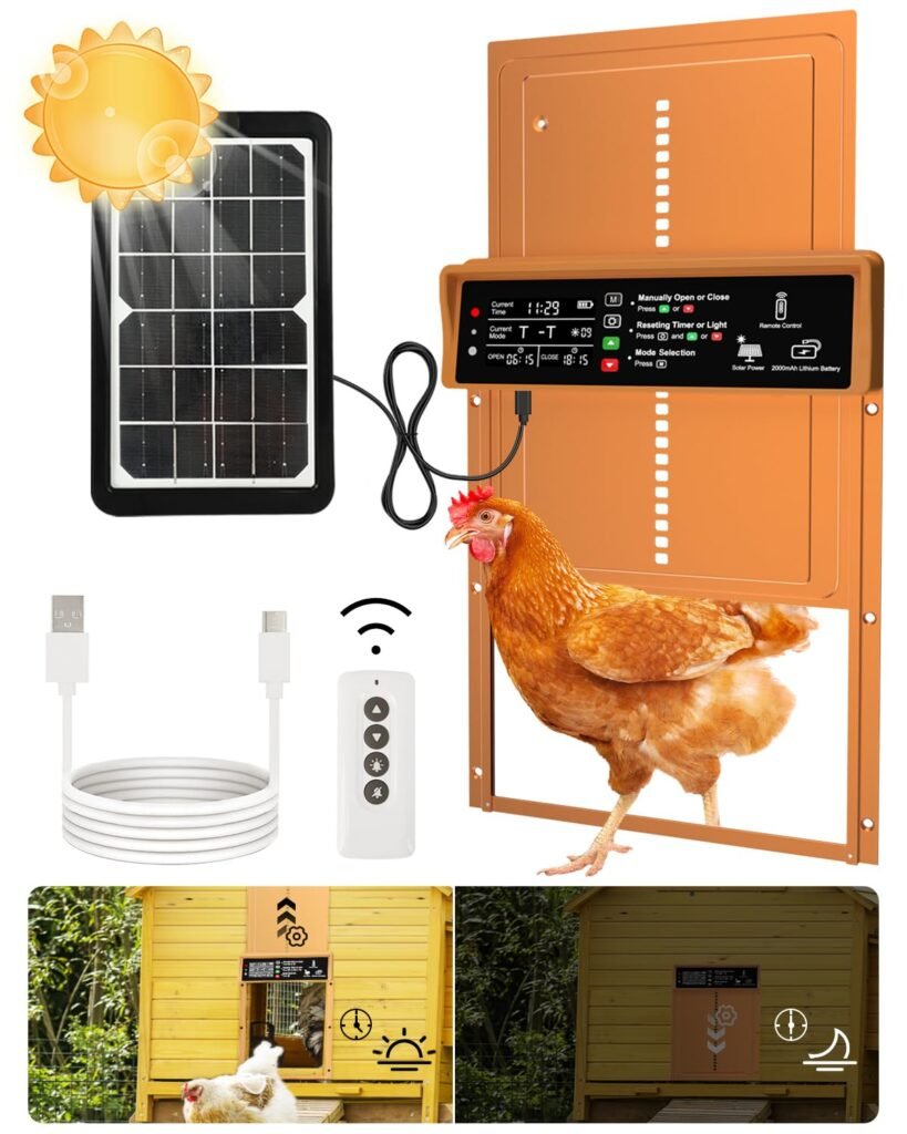 Asfrost Automatic Chicken Coop Door Solar Powered Automatic Chicken Door with Timer & Light Sensor, Anti-Pinch, Durable Aluminum Auto Chicken Door, Charge with Solar Panel & USB - Orange