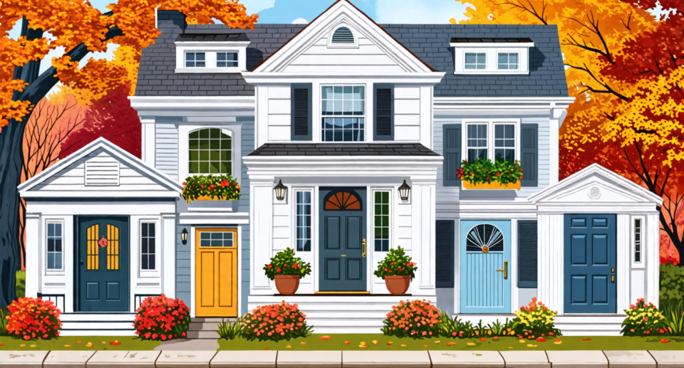 A detailed illustration of various stylish and traditional door designs set against classic New England architectural styles. The image should display fron