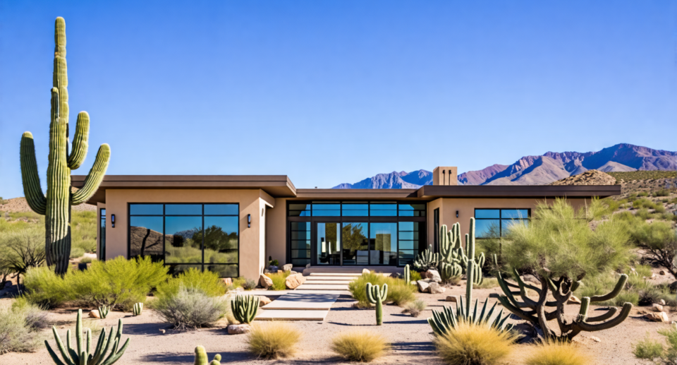 A modern Southwest U.S. home with large desert-ready windows, framed by sturdy, light-colored materials ideal for withstanding intense sun and heat. The la