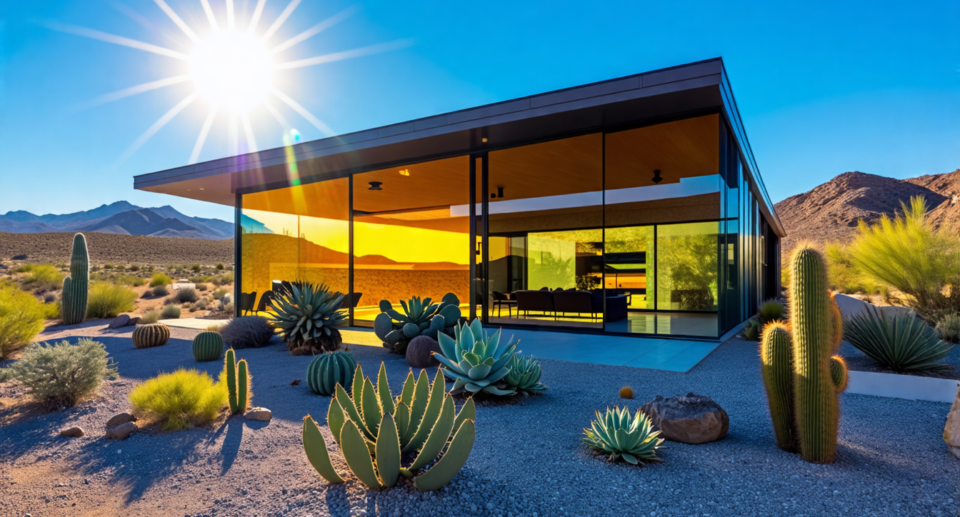 A modern home in a hot and sunny desert region, featuring large, sleek windows with a special reflective coating. The windows are shown blocking intense su