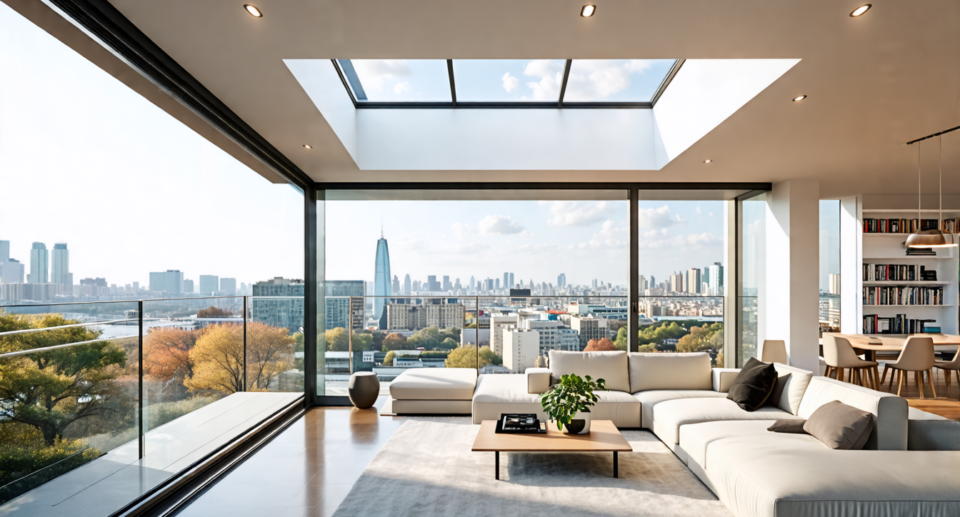 A modern urban apartment with large floor-to-ceiling windows and strategically placed skylights allowing abundant natural light to flood the space. The int