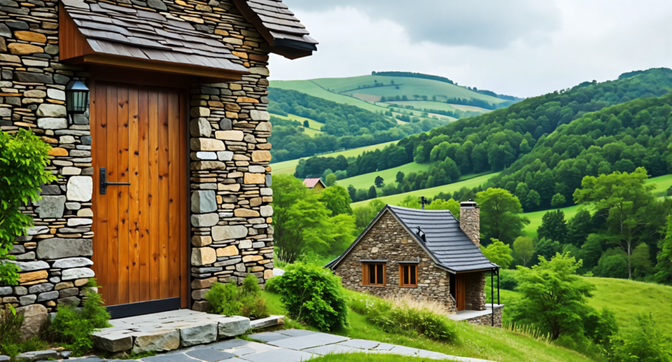 A picturesque scene of a remote, rural home nestled within rolling green hills and dense forests. The home features a solid, rustic wooden front door, with