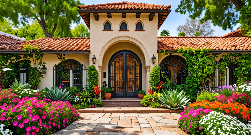 Create an image of a charming Spanish Revival home with intricate, wrought iron doors and arched wooden windows featuring decorative grilles. The home shou