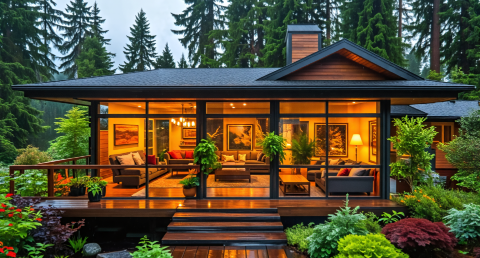 A cozy Pacific Northwest home on a rainy day, featuring large, energy-efficient windows that prevent condensation and provide clear views of lush, green fo