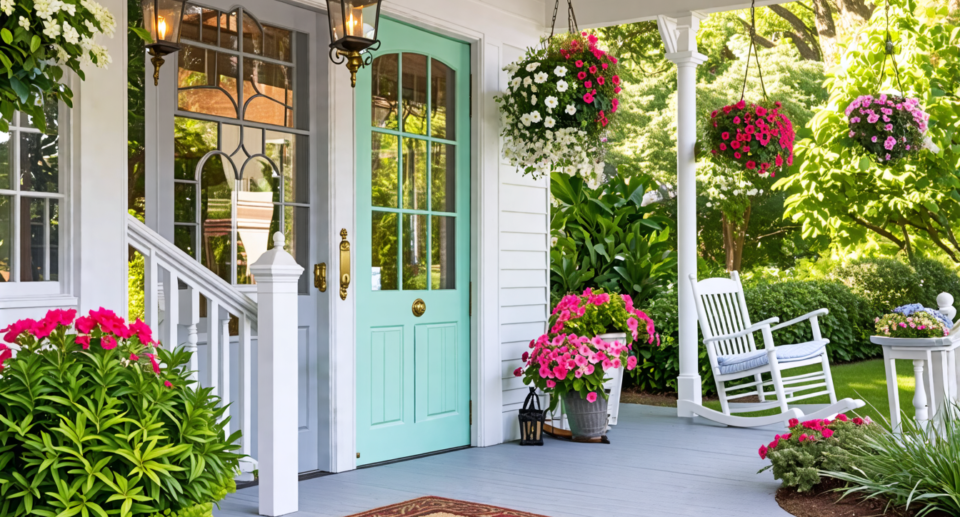 An inviting Southern home with a front porch, showcasing a variety of door styles that embody Southern charm—classic white-painted wooden doors with intric