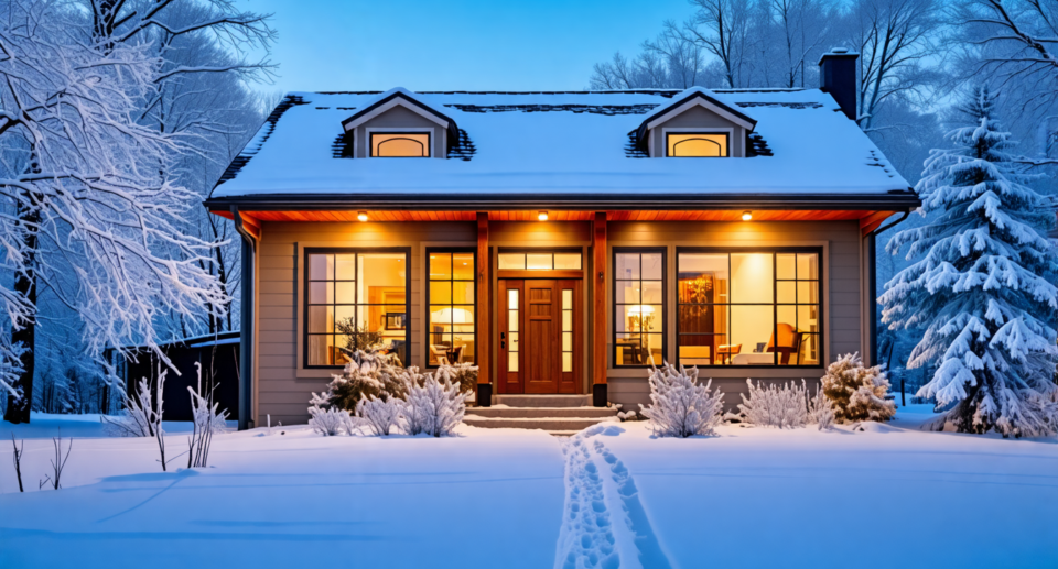 An image of a cozy Midwest home during winter, showcasing sturdy, winter-resistant doors and windows. The house is surrounded by a snowy landscape with fro